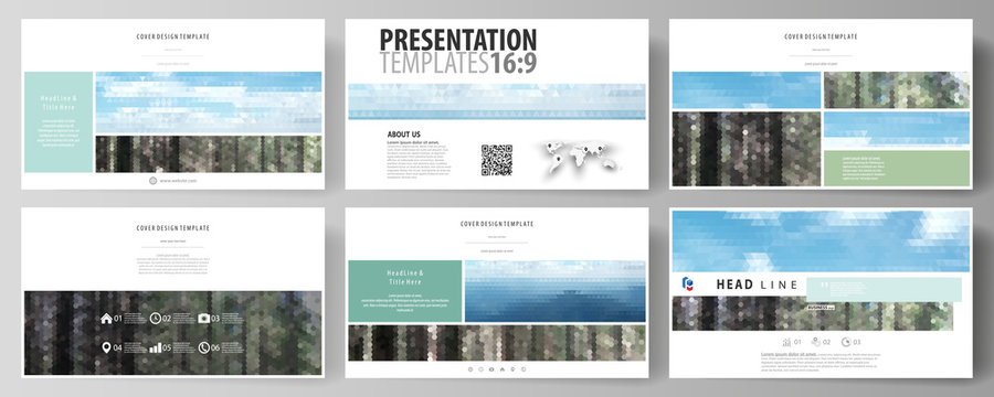 Templates in HD format for presentation slides. Abstract design vector layouts. Colorful background, triangular or hexagonal texture, travel business, natural landscape, polygonal style.