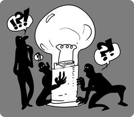new and different ideas concept. three silhouette figure inspecting light bulb. sketch style vector illustration.