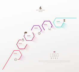 Six colorful hexagon vector progress steps illustration with icons and place for your company information. It can be used for presentation, web design, quotes, survey, banner, study.