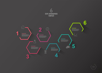 Six colorful hexagon vector progress steps illustration with icons and place for your company information. It can be used for presentation, web design, quotes, survey, banner, study. Dark version