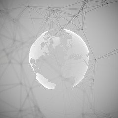 Abstract futuristic network shapes. High tech background, connecting lines and dots, polygonal linear texture. World globe on gray. Global network connections, geometric design, dig data concept.