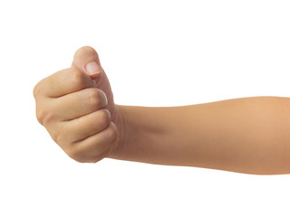 Human hand in fist, punch or griping gesture isolate on white background with clipping path, High resolution and low contrast for retouch or graphic design