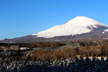Naklejka na ściany i meble Fuji Mountain and the blue sky. Shooting in the morning, Winter Season