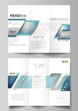 The minimalistic abstract vector illustration of the editable layout of two creative tri-fold brochure covers design business templates. Chemistry pattern, connecting lines and dots. Medical concept.