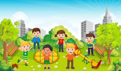 Children playing in the middle of the park against the backdrop of the city. Vector illustration