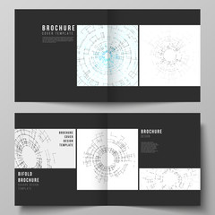 The black colored vector layout of two cover templates for square design bifold brochure, flyer, booklet. Network connection concept with connecting lines and dots. Technology design digitalbackground