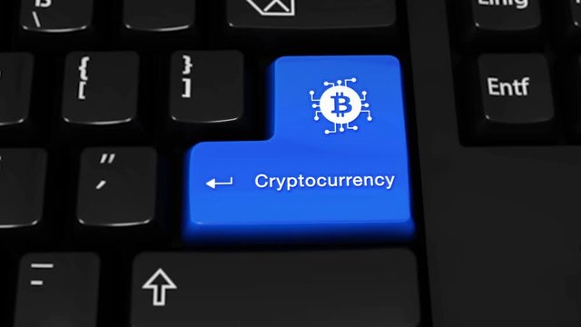 91. Cryptocurrency Rotation Motion On Blue Enter Button On Modern Computer Keyboard with Text and icon Labeled. Selected Focus Key is Pressing Animation. Digital Currency Concept
