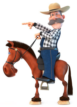 3d illustration farmer on horseback/3d illustration cowboy in a hat with a curvy mustache