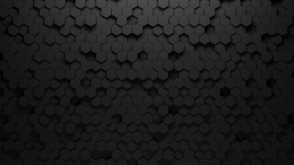 black background of hexagons of different heights, top lighting. Technological backdrop.3d Rendering.