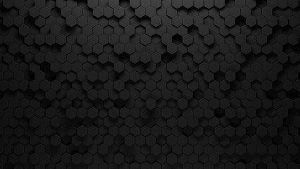 black background of hexagons of different heights, top lighting. Technological backdrop.3d Rendering.