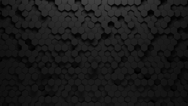 black background of hexagons of different heights, top lighting. Technological backdrop.3d Rendering. © samserius