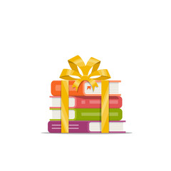 Gift of stacked books with golden ribbon and bow. Icon, symbol, emblem for bookstore, library and online shop. Holiday present. Vector illustration in flat style.