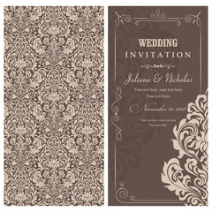 Wedding invitation cards  baroque style brown and beige. Vintage  Pattern. Retro Victorian ornament. Frame with flowers elements. Vector illustration.