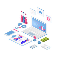Business strategy and planning. Data and investments. Business success. Computer monitor with infographic elements. Design for presentation, landing page. 3d isometric flat design.