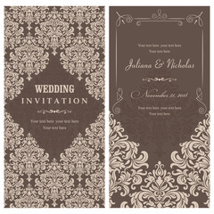 Wedding invitation cards  baroque style brown and beige. Vintage  Pattern. Retro Victorian ornament. Frame with flowers elements. Vector illustration. - 223858260