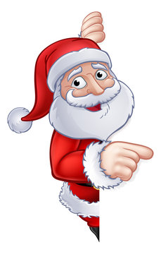 Santa Claus Christmas cartoon character peeking around a sign and pointing