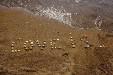 written on the sand with shells