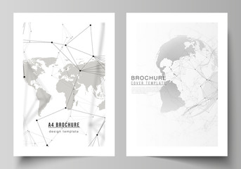 Vector layout of A4 format cover mockups design templates for brochure, flyer, booklet. Futuristic design with world globe, connecting lines and dots. Global network connections, technology concept.