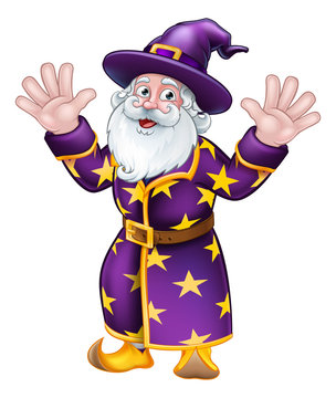 A Wizard Merlin Magician Halloween Cartoon Character Waving Hands