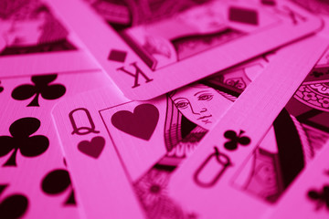 Queen of red hearts macro, fortune-telling cards. Mystic card ritual, prediction of female love fortune, close up. - 223859267