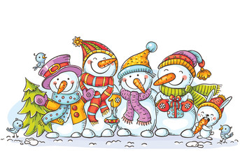 Happy colorful snowmen with Christmas ornaments, greeting card, vector illustration