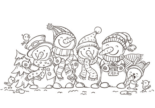 Happy colorful snowmen with Christmas ornaments, greeting card, vector illustration, outline