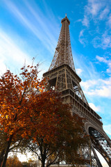 Color fall image of the Eiffel tower in Paris, France, Europe, on a sunny autumn day .