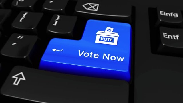504. Vote Now Round Motion On Blue Enter Button On Modern Computer Keyboard with Text and icon Labeled. Selected Focus Key is Pressing Animation.
