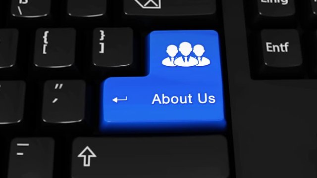 507. About Us Rotation Motion On Blue Enter Button On Modern Computer Keyboard with Text and icon Labeled. Selected Focus Key is Pressing Animation. Online Services Concept