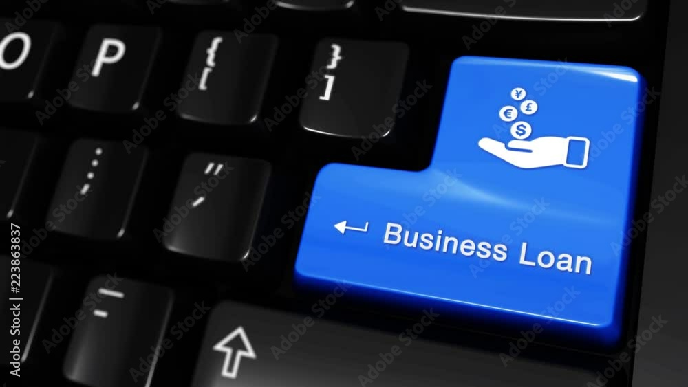 Aufkleber 509. business loan moving motion on blue enter button on modern computer keyboard with text and icon