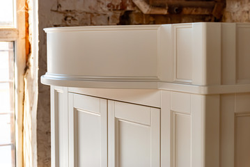 Bathroom vanity cabinet for two washbasins. Details classic furniture
