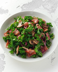Homemade Kale Mushrooms, Bacon salad with chilli and balsamic vinegar dressing