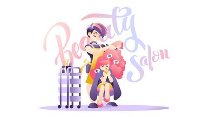 Stylist hairdresser combs girl long hair in beauty salon