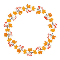Autumn season frame with pumpkin, maple leaves and red berries, dry branch. Fall decoration element for cards and seasonal decor. Isolated on white background