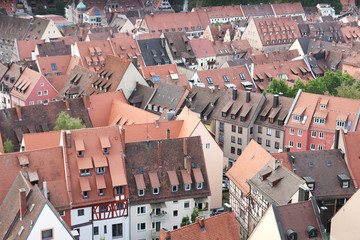 Fototapeta na wymiar Closeup view of the houses and rooftops of Nuremberg from Kaiserburg Imperial Castle, in Franconia, Bavaria, Germany.