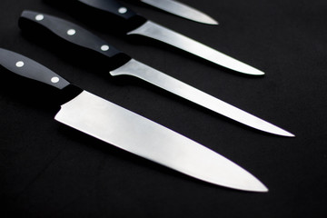 Collection Chef's knife on black background.