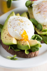 Avocado toast, cherry tomato on wooden background. Breakfast with toast avocado, vegetarian food, healthy diet concept. Healthy sandwich with avocado and poached eggs.