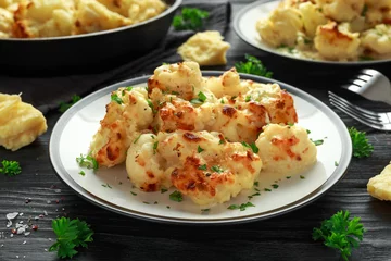 Photo sur Aluminium Plats de repas Roasted cauliflower with cheddar cheese sauce and herbs.