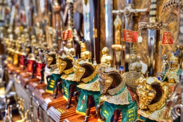 Medieval knight toys in souvenir shop, Toledo, Spain