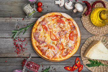 Pizza with tomatoes, mozzarella cheese. Delicious italian pizza