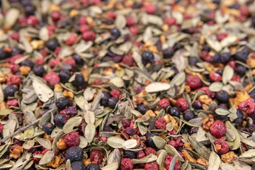 A mixture of dried blueberries and lingonberries.