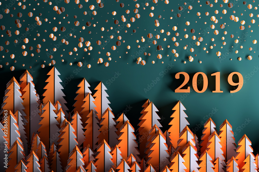 Wall mural new years greeting card - 2019 year numbers with many colorful christmas trees and falling snow. 3d 