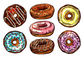 Bright And Colorful Set Of Donuts In Sketch Style. Collection Of Hand Drawn Dessert