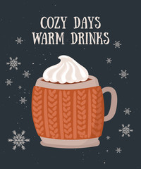 Vector postcard with hot drink in flat design