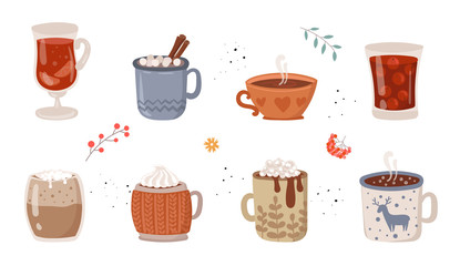 Vector collection of hot drinks. Hot chocolate, coffee, cocoa with whipped cream and marshmallow, mulled wine. Autumn and winter holidays