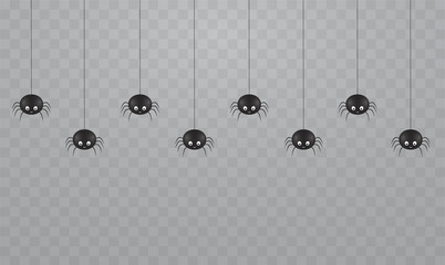 Black hanging cute spiders on a transparent background. Scary spiders on cobwebs for Halloween.