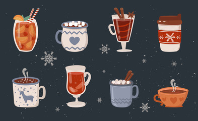 Vector collection of hot drinks. Hot chocolate, coffee, cocoa with whipped cream and marshmallow, mulled wine. Autumn and winter holidays