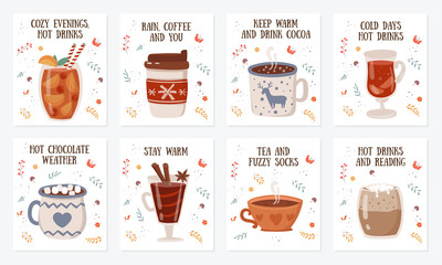 Vector postcard collection with hot drinks and cozy slogan in flat design. Hot chocolate, coffee, cocoa with whipped cream and marshmallow, mulled wine