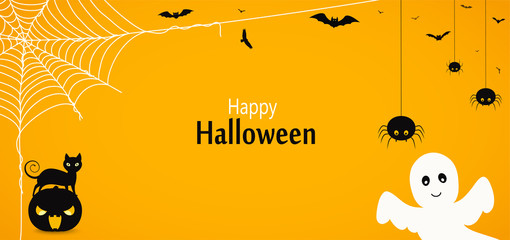 Happy Halloween. Yellow background or banner with cat on pumpkin, flying ghost, descending spiders, cobweb and bats.