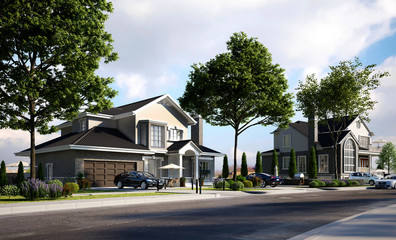 3d render of city street view and houses